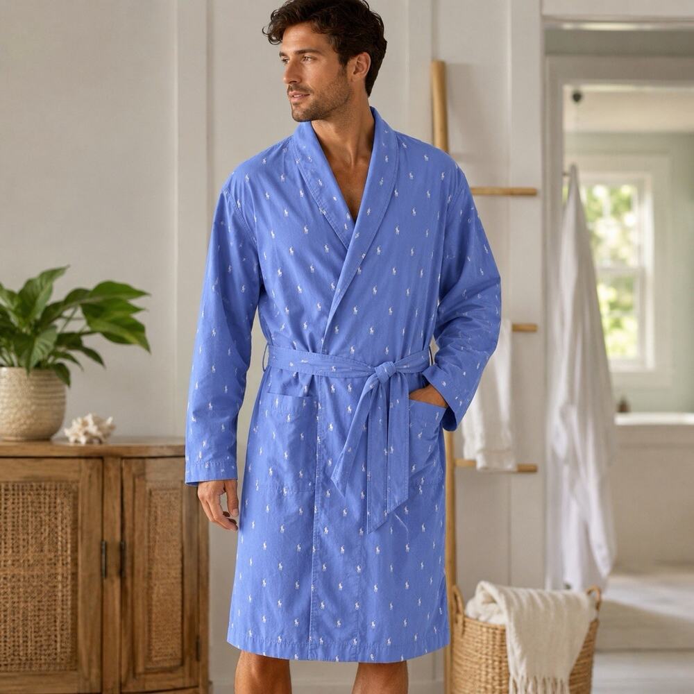 Polo Ralph Lauren Men’s Blue All Over Pony Print Lightweight Bath Robe Belt S/M